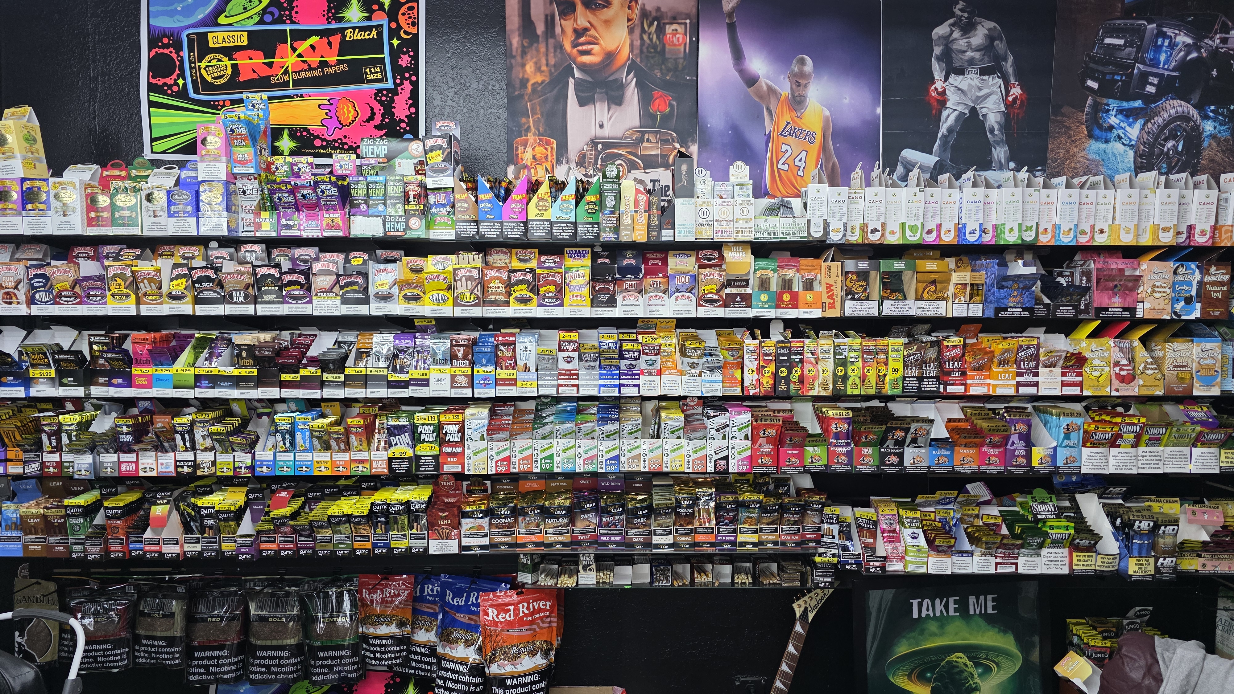 Blunt wraps, cigarillos and rolling papers wall