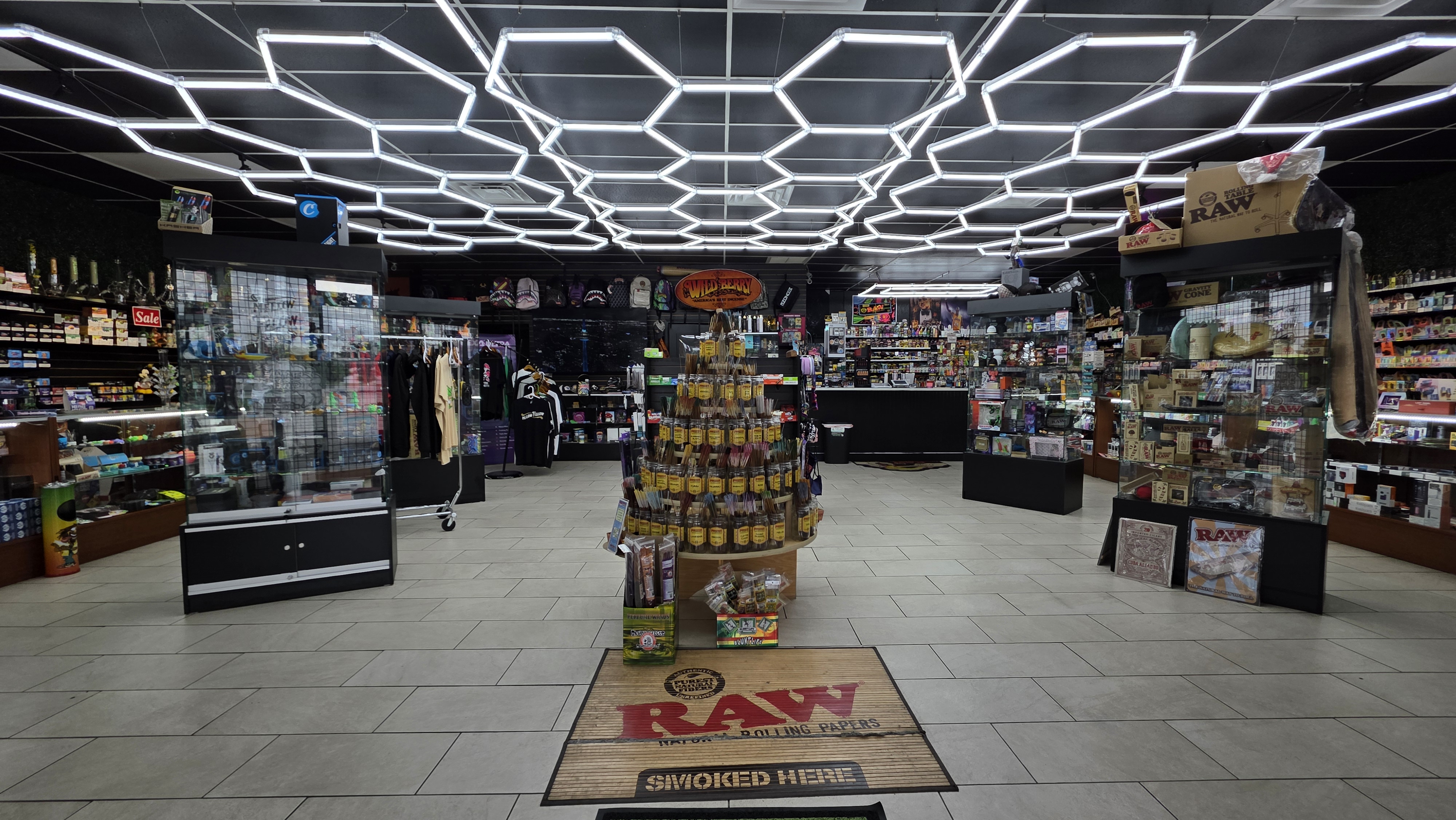 Store interior with honeycomb LED ceiling