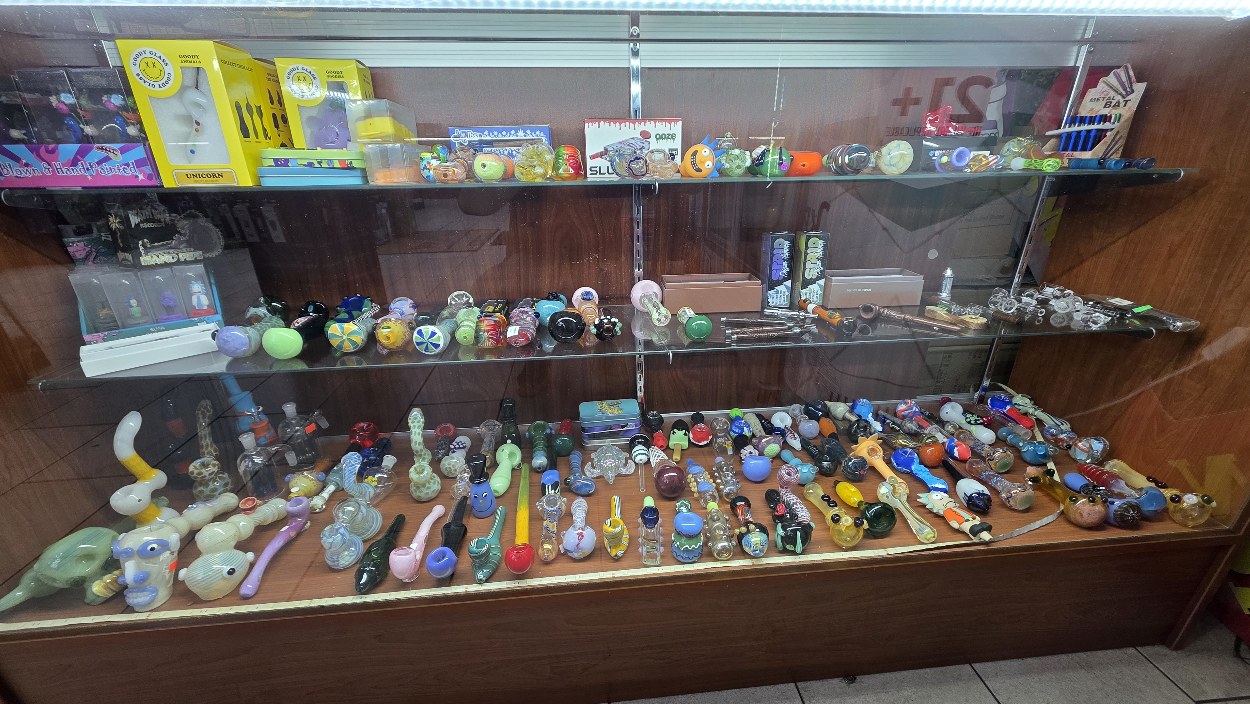 Handcrafted glass pipes, bubblers and art glass display